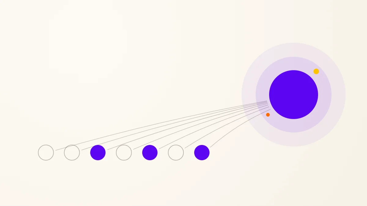 Sete círculos alinhados, três deles destacados em roxo, com linhas que convergem para um único ponto, representando as dobras somadas em um só resultado